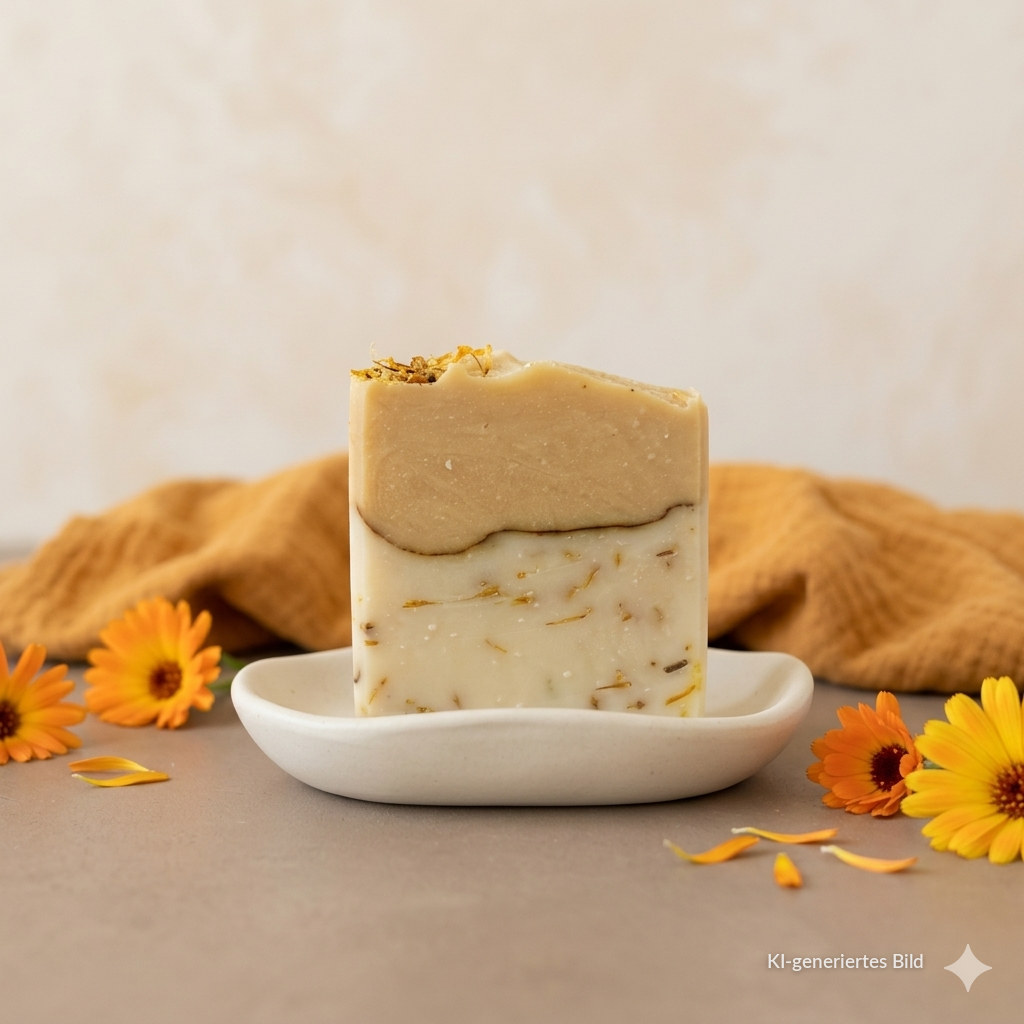 Goldene Stille Naturseife – goldgelbe Naturseife mit Ringelblumenblüten und Kurkuma, handgemacht in Wien — KI-generiertes Bild