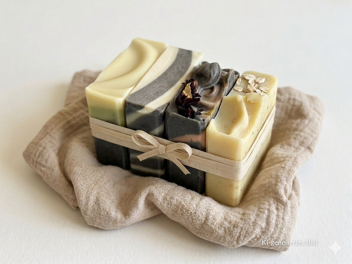 Launch Kollektion — handgemachte Naturseife Geschenkset mit vier Seifen — KI-generiertes Bild