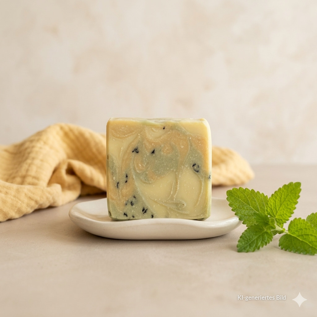 Minze & Lemongrass Naturseife – dreischichtige Naturseife mit Pfefferminz und Lemongrass, belebend, aus Wien — KI-generiertes Bild