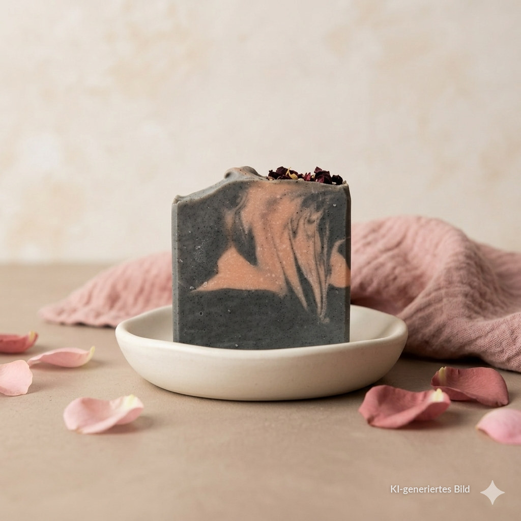Schwarze Rose Naturseife – schwarze Kaltgesiedete Seife mit Rosengeranie und Aktivkohle, handgemacht in Wien — KI-generiertes Bild
